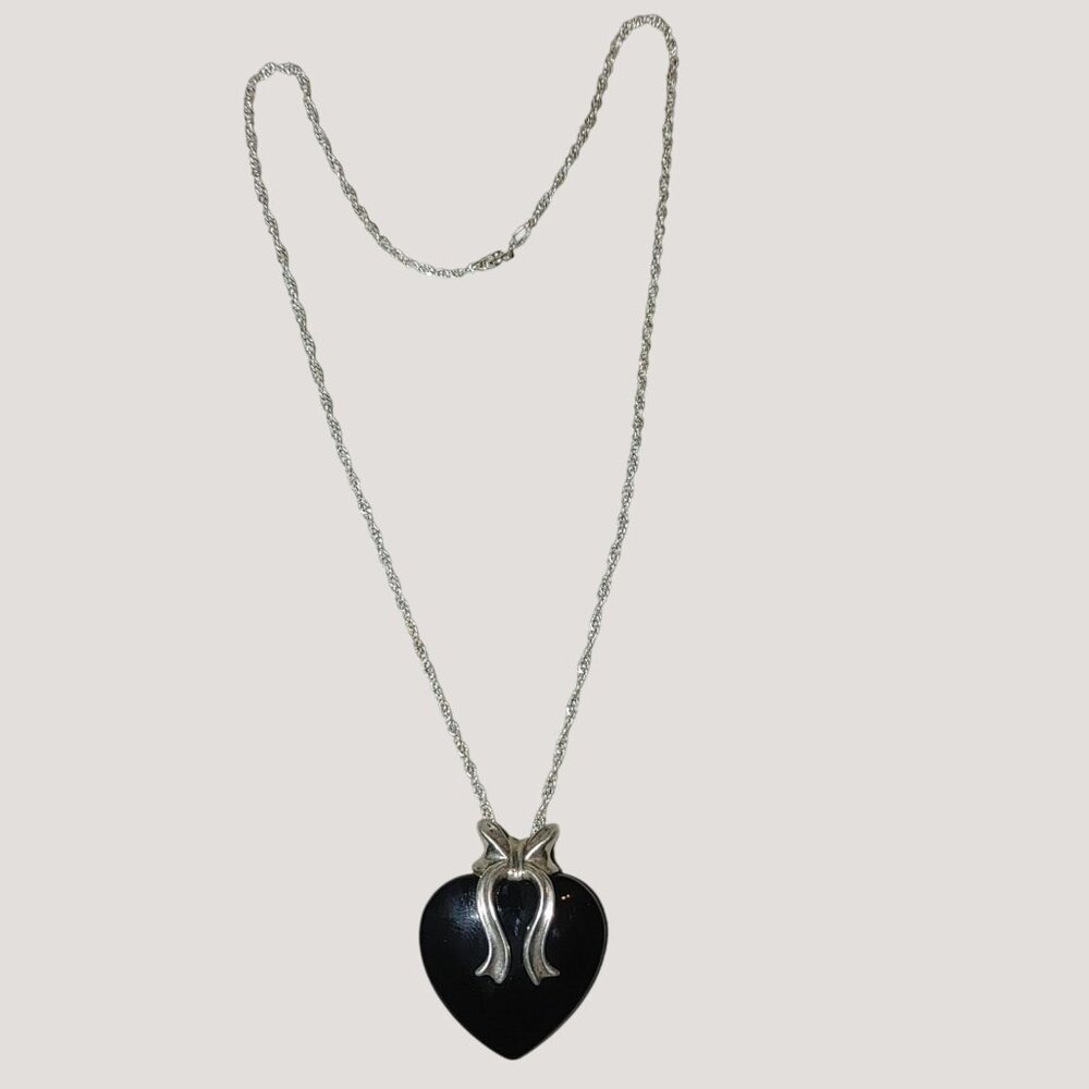 Onyx Black Heart Bow Design 18 Inch Necklace Sterling Silver Pendant 925 Love